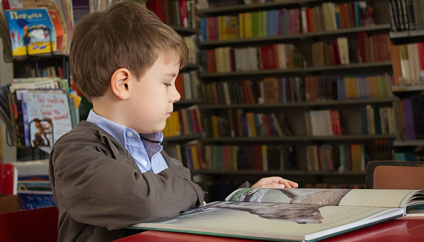 Young boy sitting in a library, reading