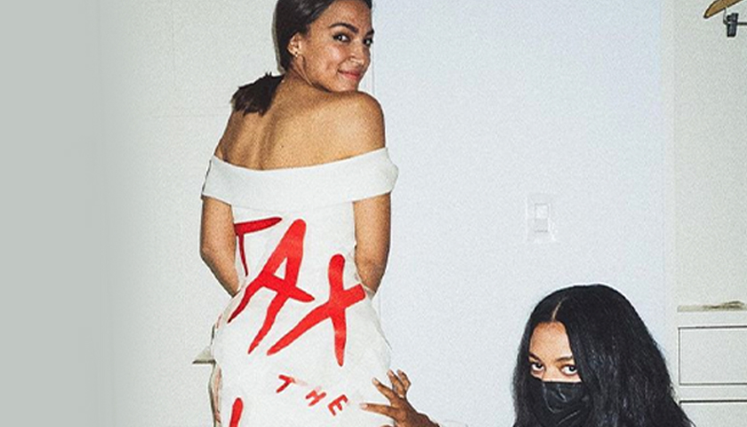 Alexandria Ocasio-Cortez in her "Tax the Rich" Met Gala dress