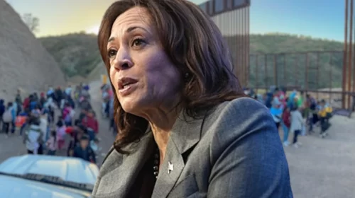 Kamala Harris in front of illegal immigrants at border wall (composite image)